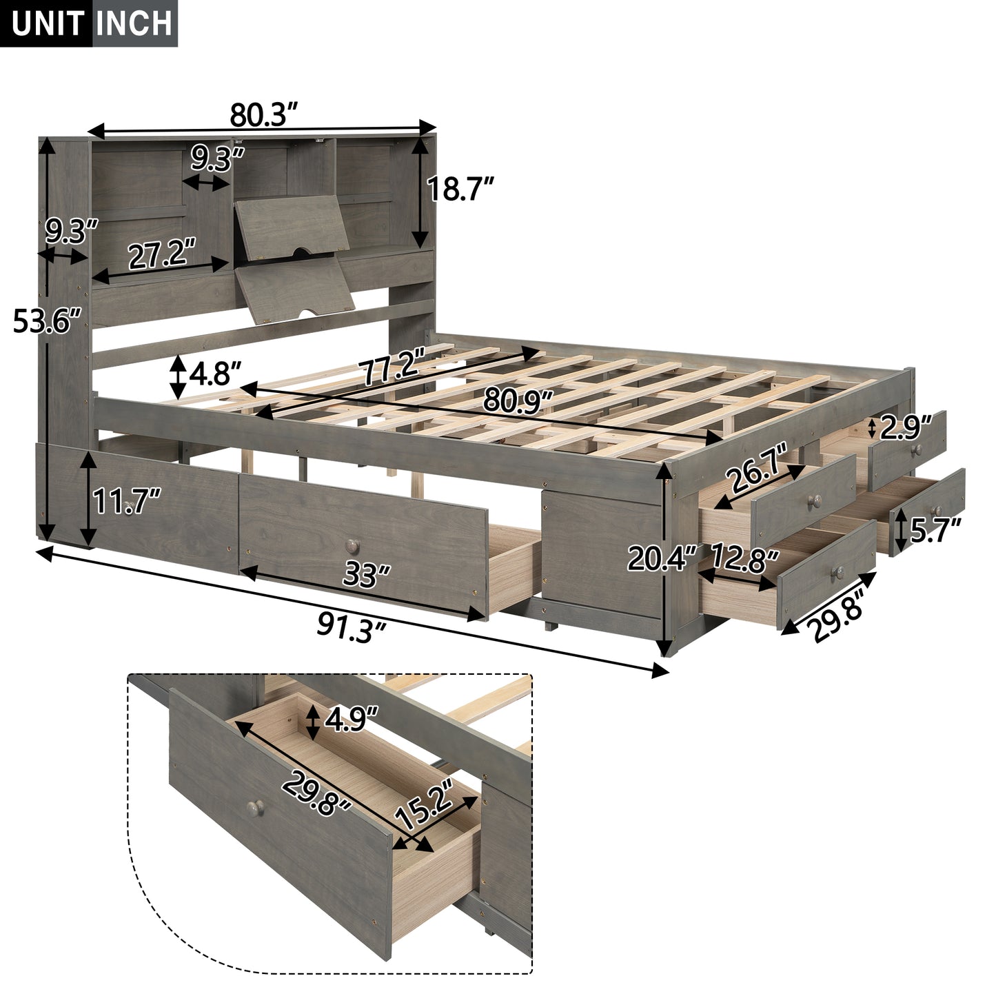 King Size Platform Bed with Storage Headboard and 8 Drawers, Gray image 4