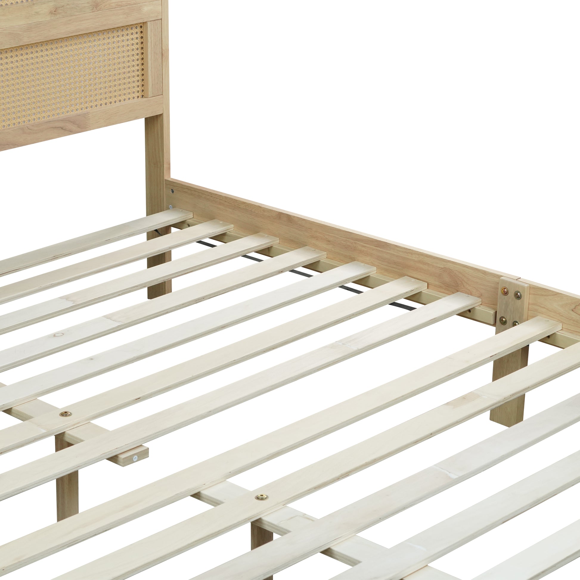 King Size Solid Wood Bed with Rattan Headboard, Rubber Wood Bed with Central Support Beams and Enhanced Feet,Natural image 6
