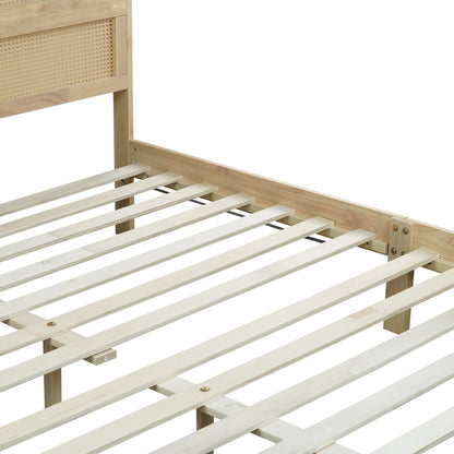 King Size Solid Wood Bed with Rattan Headboard, Rubber Wood Bed with Central Support Beams and Enhanced Feet,Natural image 6