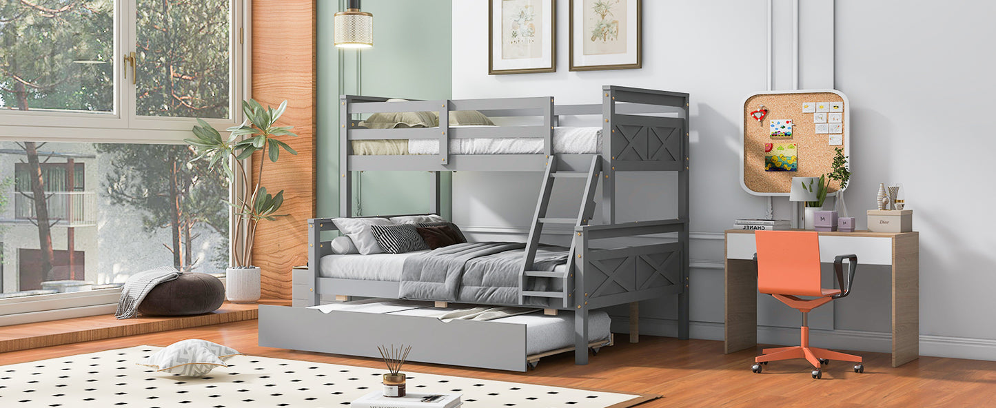 Twin over Full Bunk Bed with Ladder, Twin Size Trundle, Safety Guardrail, Gray image 9