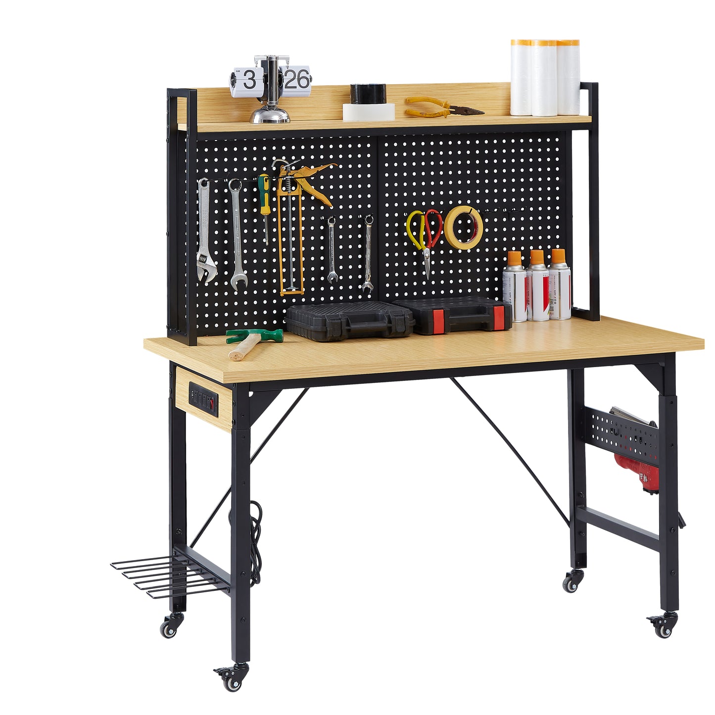 48''Adjustable Workbench with pegboard, Heavy Duty Wooden Desktop Workbench with Wheels, 1600 lb. Load Capacity, Rolling Workbench with AC/USB Outlet, Hooks, Shelf, for Garage, Workshop, Office, Home. image 10