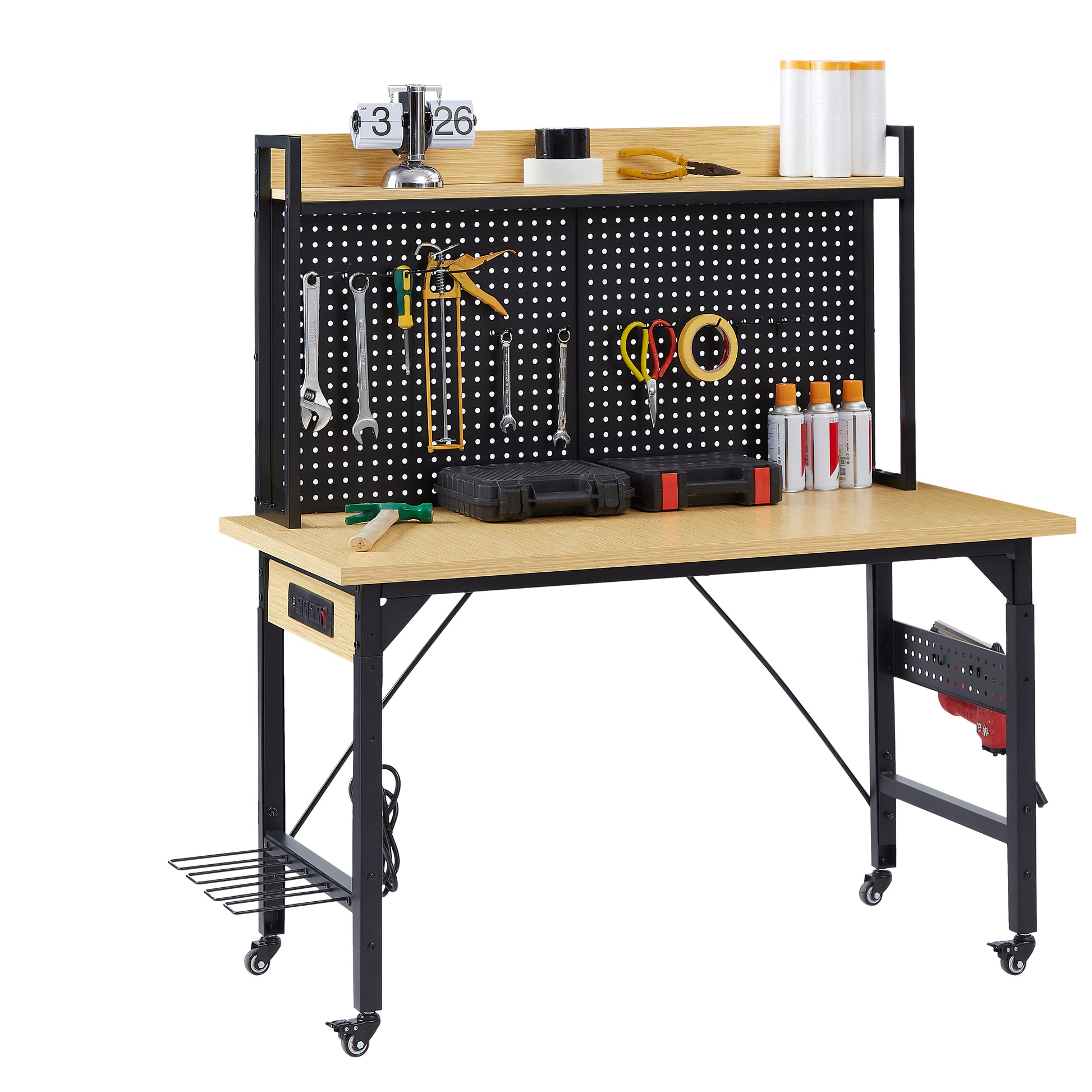 48''Adjustable Workbench with pegboard, Heavy Duty Wooden Desktop Workbench with Wheels, 1600 lb. Load Capacity, Rolling Workbench with AC/USB Outlet, Hooks, Shelf, for Garage, Workshop, Office, Home. image 10