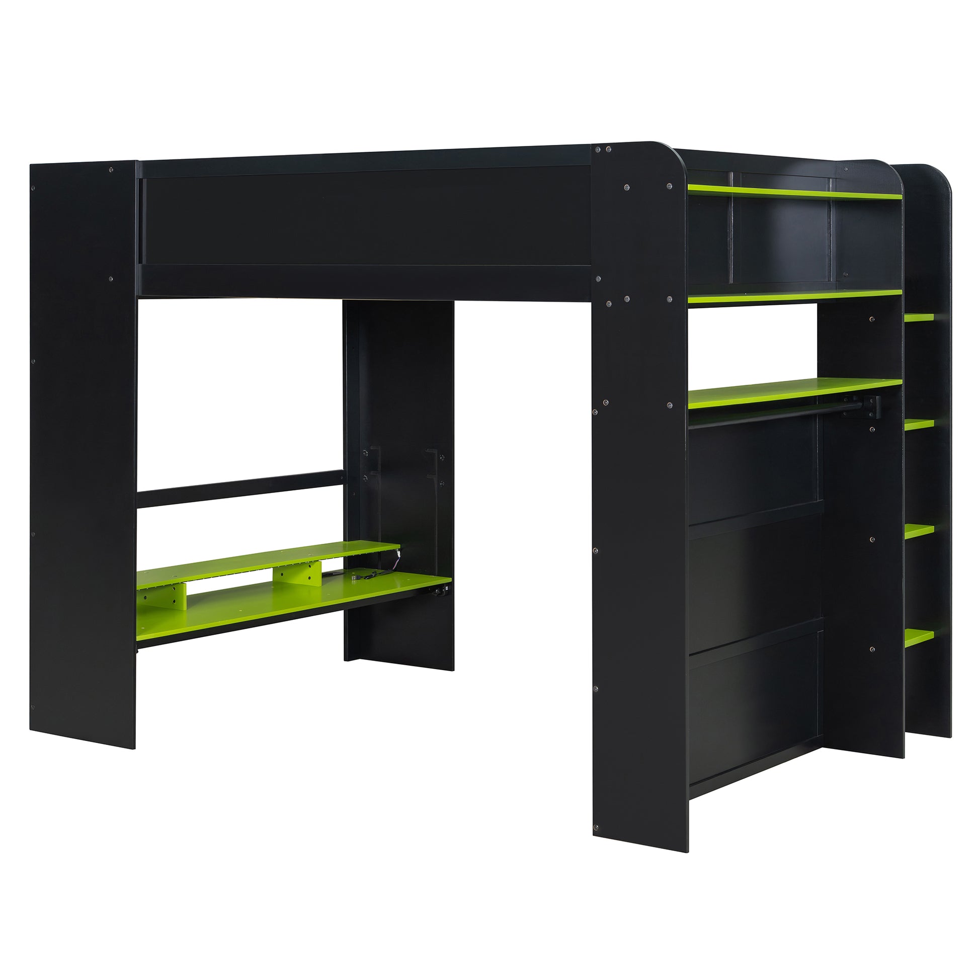 Full Size Wood Bunk Bed with height-adjustable Desk,Wardrobe,Ample Storage Space,and RGB Light, Green(OLD SKU:LT000266AAG) image 8