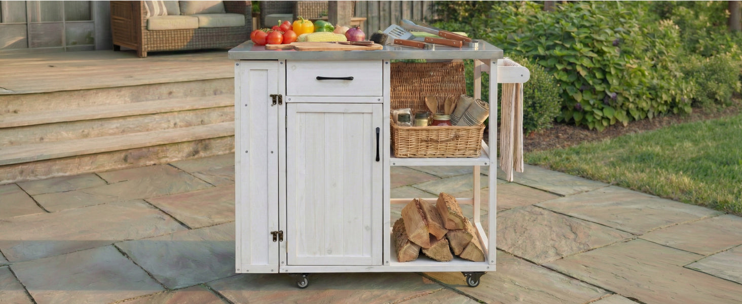 Outdoor Kitchen Island Fir Wood Prep Station Lockable Kitchen Cart with Stainless Top, Ample Storage Space, Towel and Spice Racks for Patio and Outdoor, White image 3
