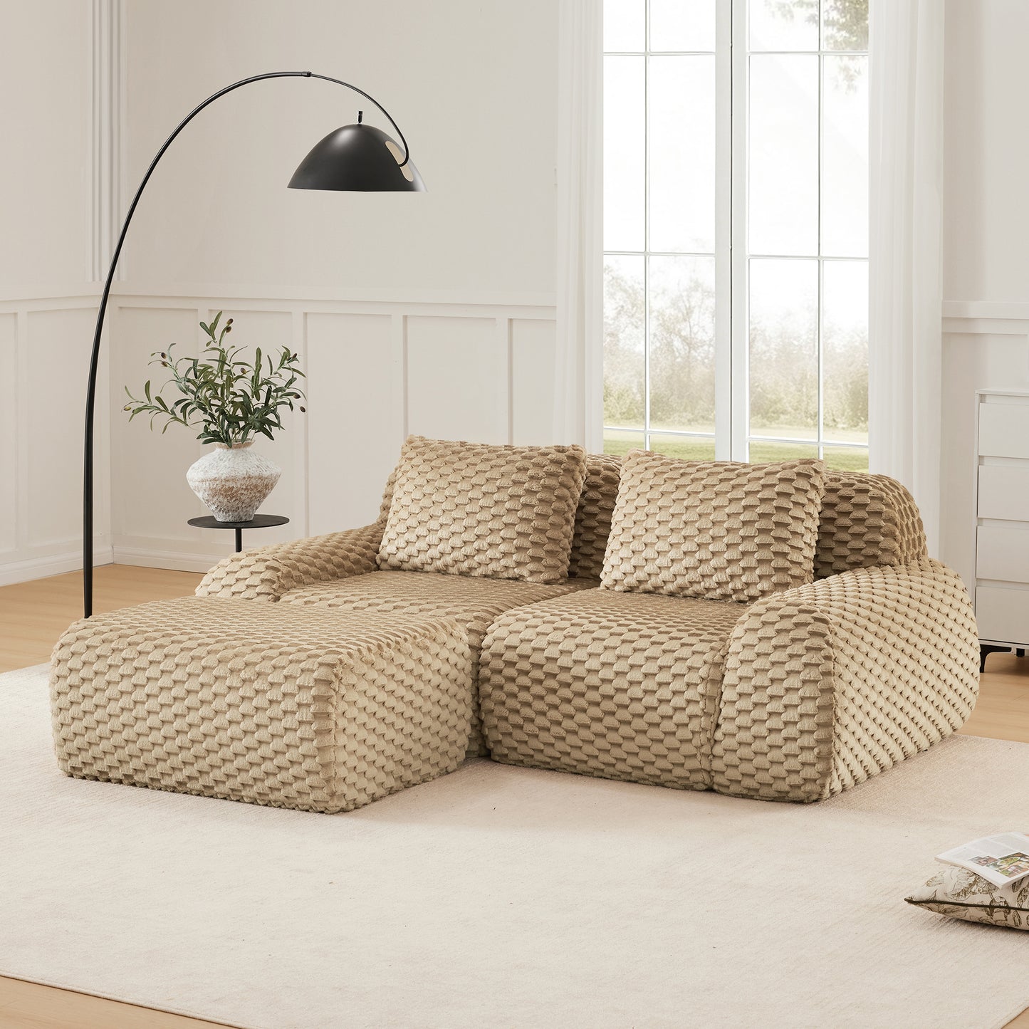 82" Modern L-Shaped Modular Sectional Sofa for Living Room,Flannelette Fabric,Oversized 2-Seater Couch,boneless sofa,Movable Ottoman,Buckle connection,Anti-slip Design,No Assembly,Light Camel image 3