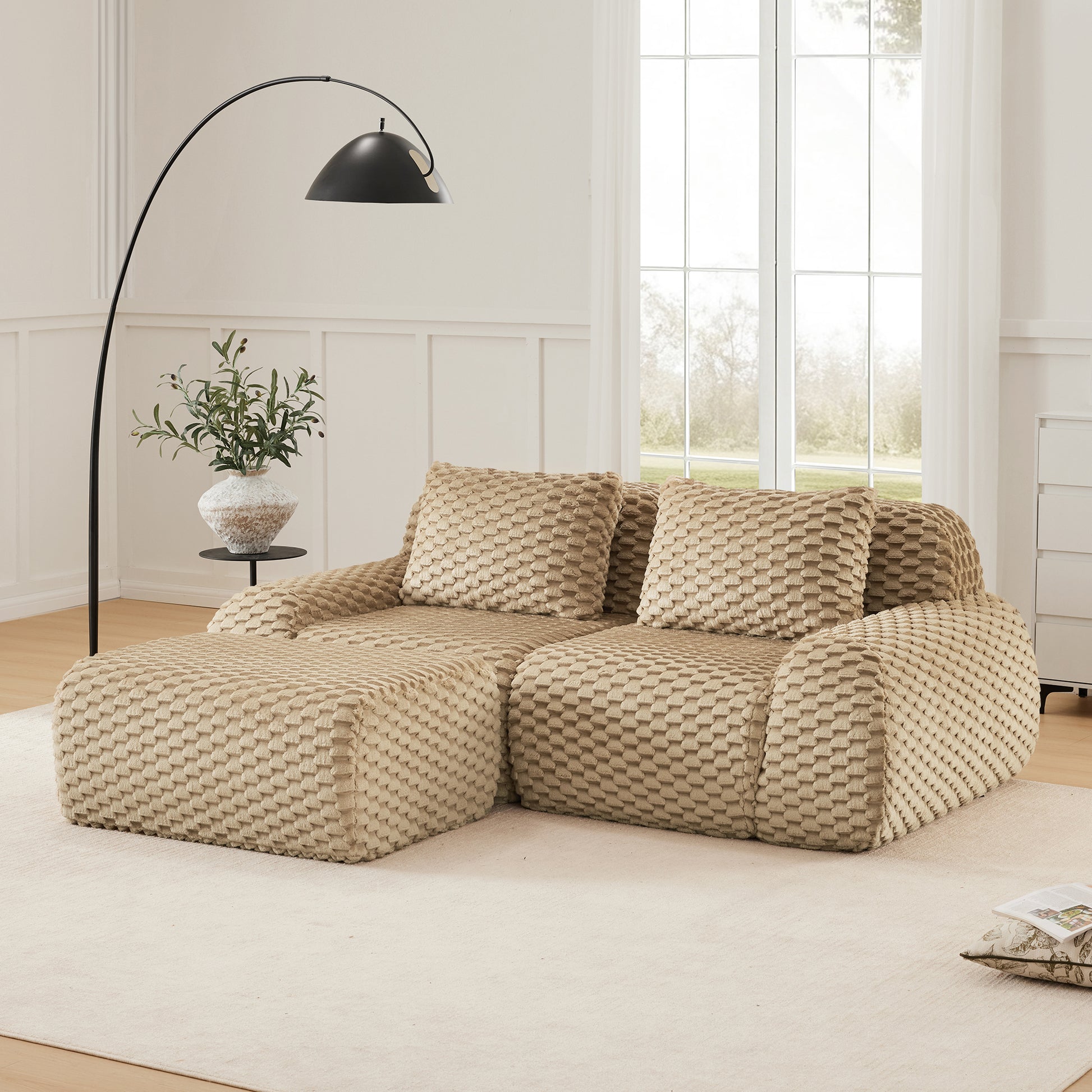 82" Modern L-Shaped Modular Sectional Sofa for Living Room,Flannelette Fabric,Oversized 2-Seater Couch,boneless sofa,Movable Ottoman,Buckle connection,Anti-slip Design,No Assembly,Light Camel image 3