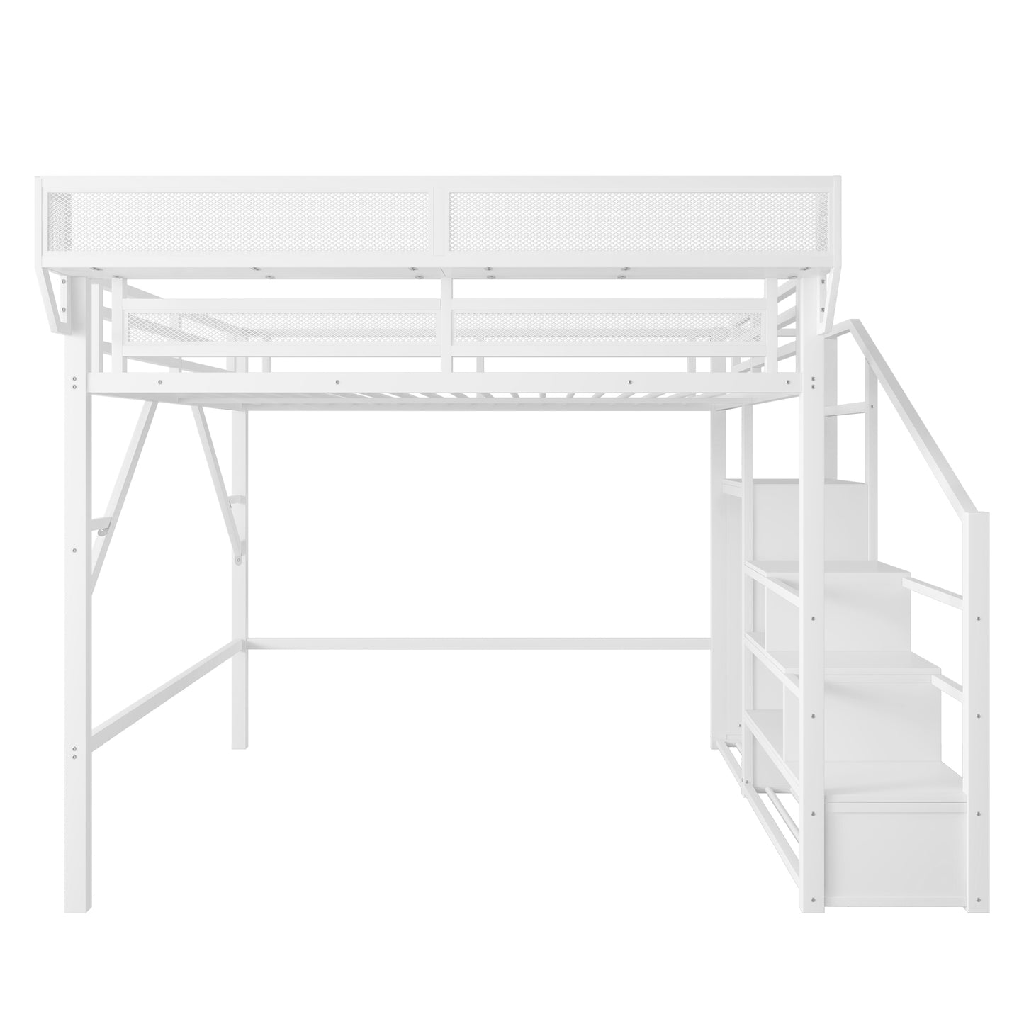 Queen Size Loft Bed with Stairs, Metal Queen Loft Bed with Storage Shelves, High Loft Bed with Wardrobe for Kids Teens, White, Patent Products image 12