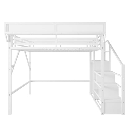Queen Size Loft Bed with Stairs, Metal Queen Loft Bed with Storage Shelves, High Loft Bed with Wardrobe for Kids Teens, White, Patent Products image 12