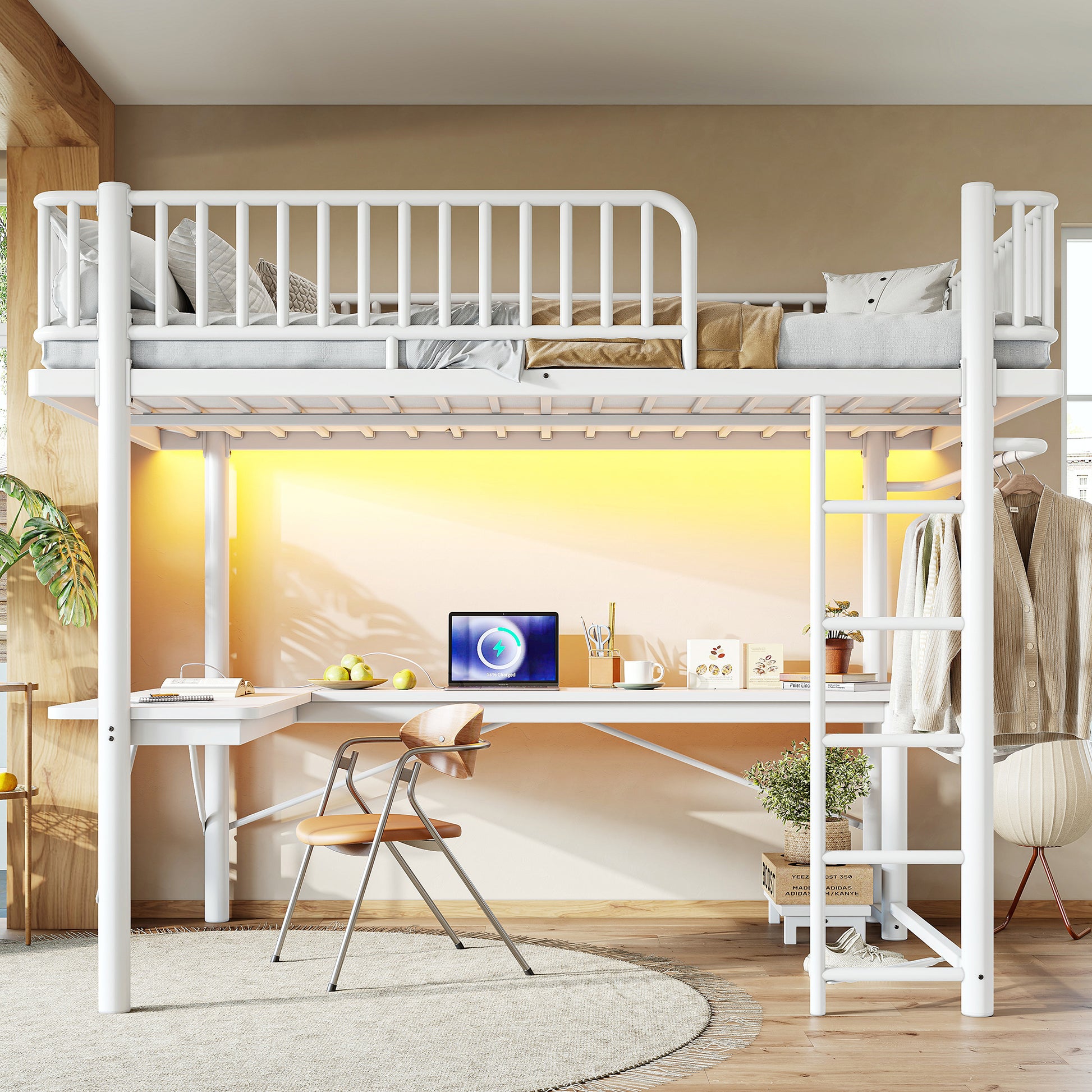 Queen Loft Bed with L-Shaped Desk,LED Light Strip and Charge Station, Metal Loft Bed with Computer Mainframe Tray and Hanging Area, Special Round Pipe Design, White image 4