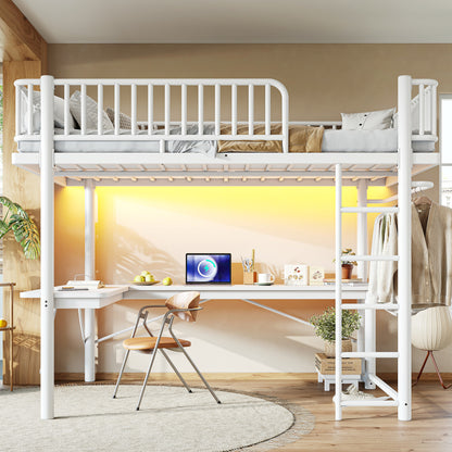 Queen Loft Bed with L-Shaped Desk,LED Light Strip and Charge Station, Metal Loft Bed with Computer Mainframe Tray and Hanging Area, Special Round Pipe Design, White image 4