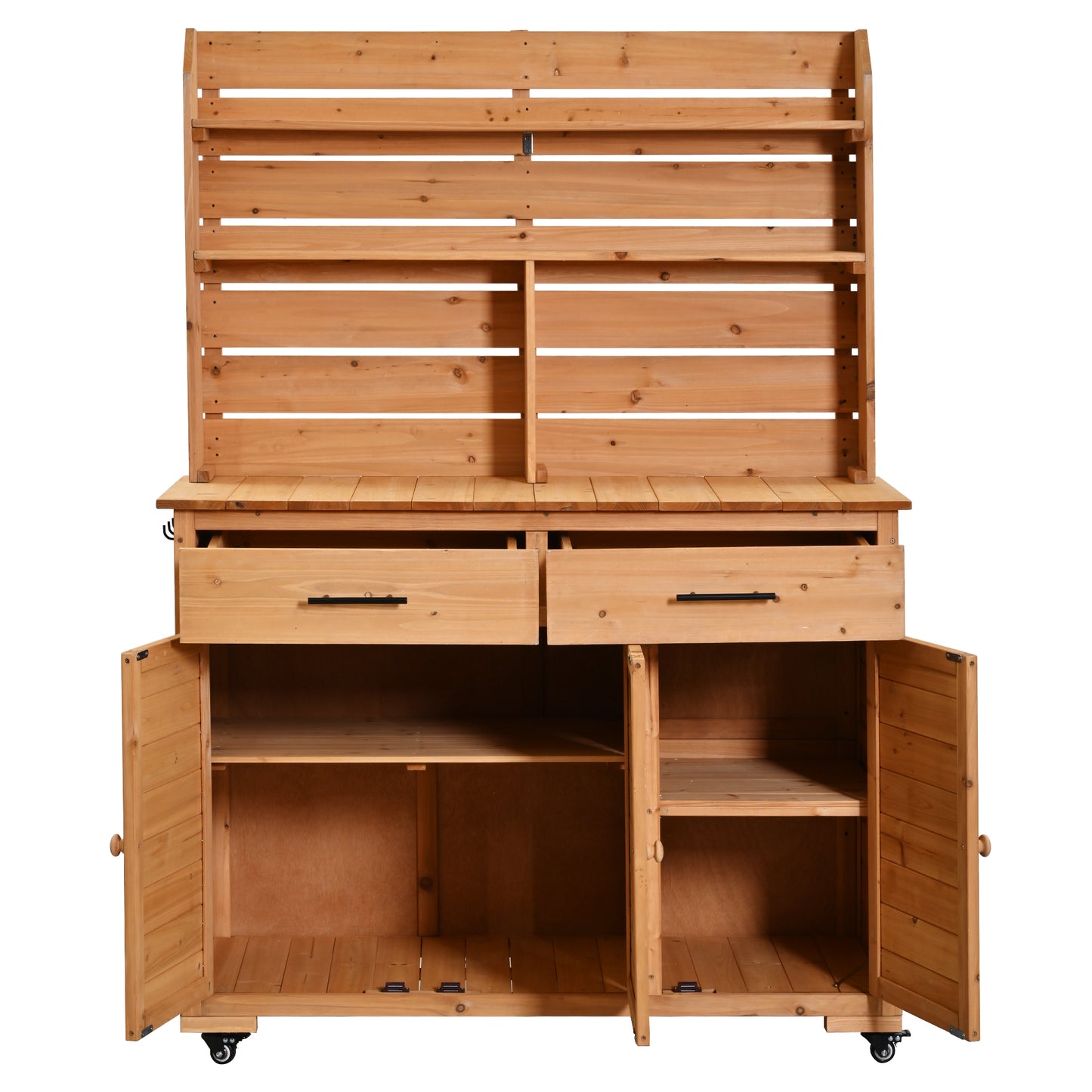 Assembly Video-TOPMAX 65''H Large Garden Potting Bench with Lockable Wheel and Storage Cabinet, Wood Outdoor Kitchen Island Prep Cart with Hutch Top, Drawers and Removal Shelves for Grilling, Natural image 10