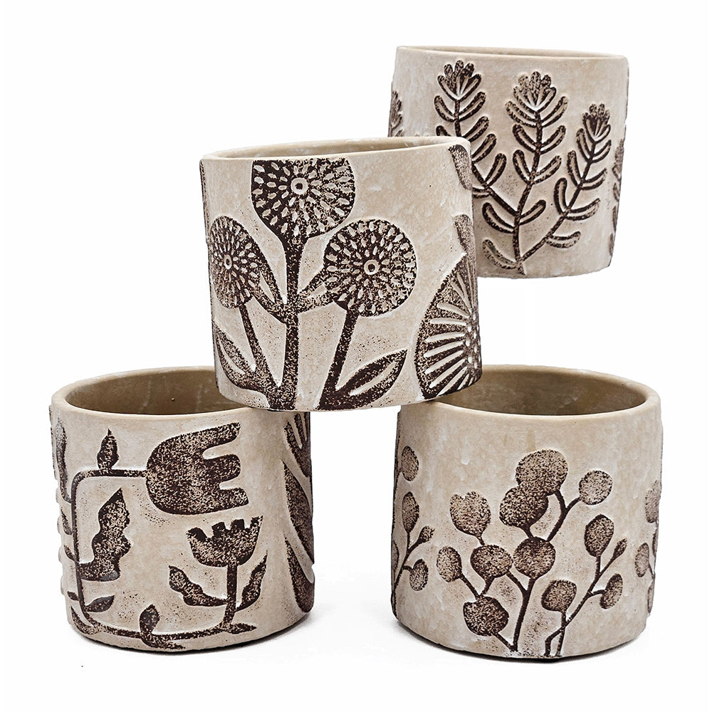 Set of 4 4.3x4.3x4" Gray Sand and Cement Planters with Brown Botanical Motifs image 3