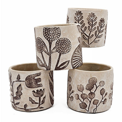 Set of 4 4.3x4.3x4" Gray Sand and Cement Planters with Brown Botanical Motifs image 3
