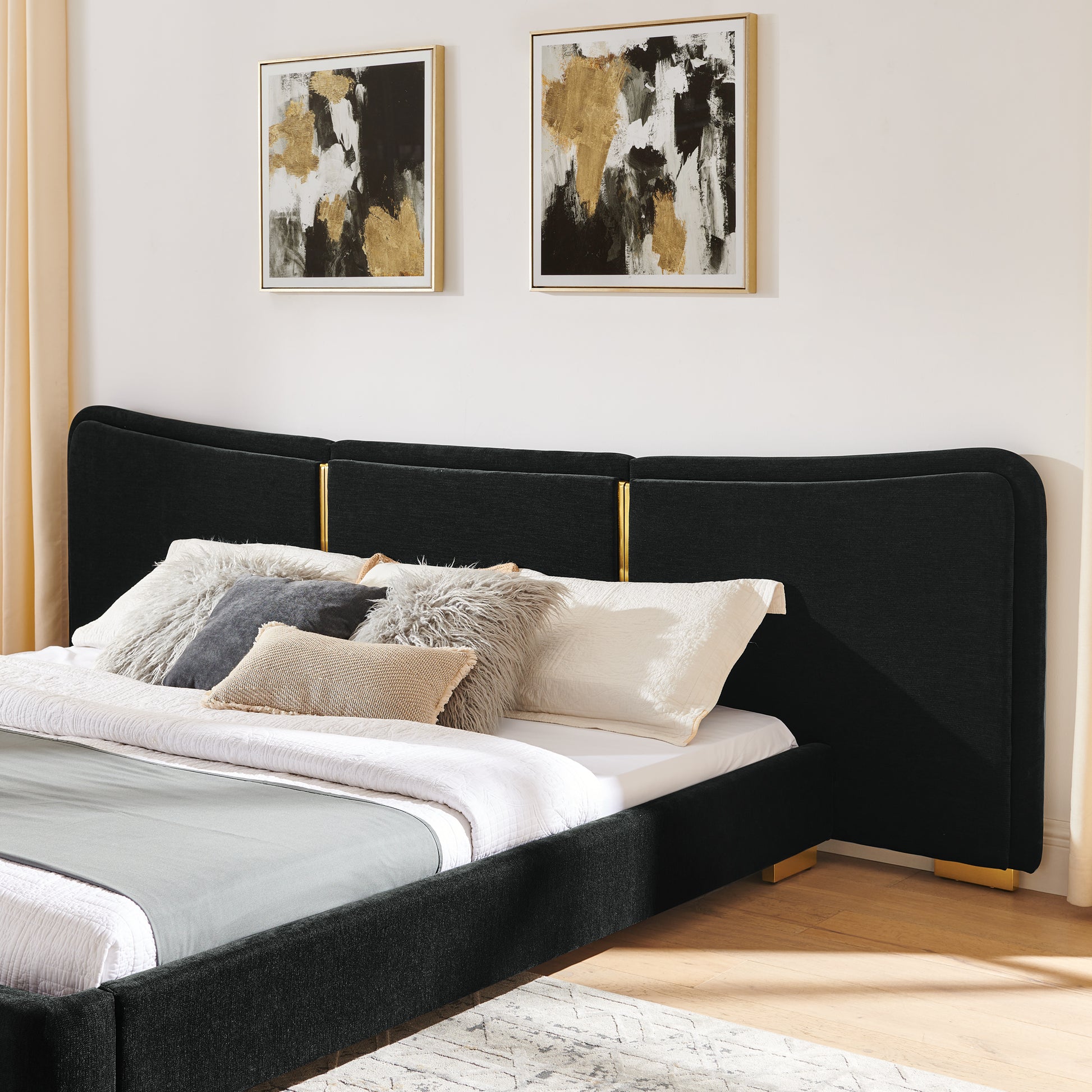 King Size Extra Large Platform Bed, Soft Chenille Fabric Frame, Curved Headboard, Reinforced Electroplated Metal Legs, Flexible DIY Side Space Design-Black image 9