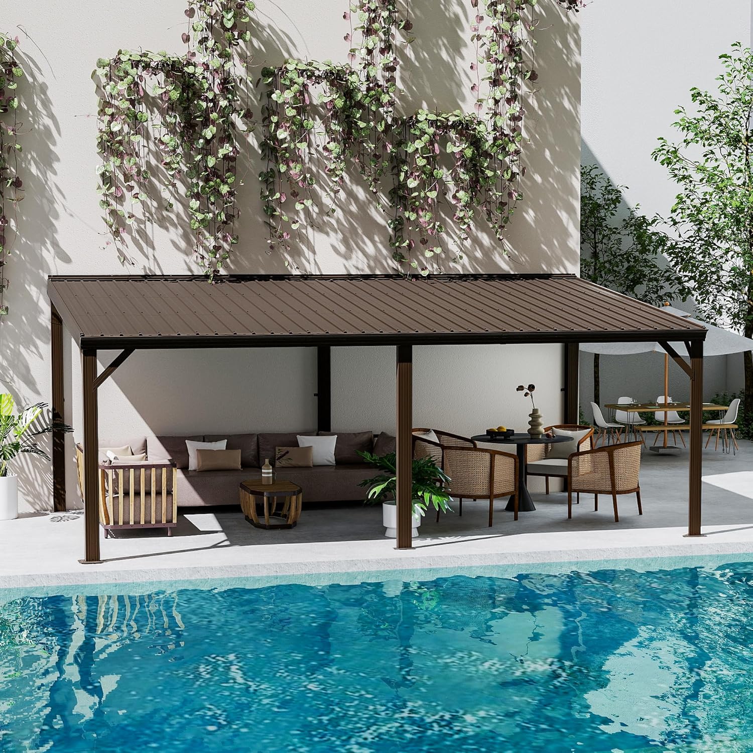 12x20FT Lean to Gazebo, Outdoor Hardtop Wall Mounted Gazebo with Sloping Galvanized Steel Roof, Upgraded Heavy Duty Mounted Shelter with Drainage System for Deck, Porch, Backyard,Brown image 10