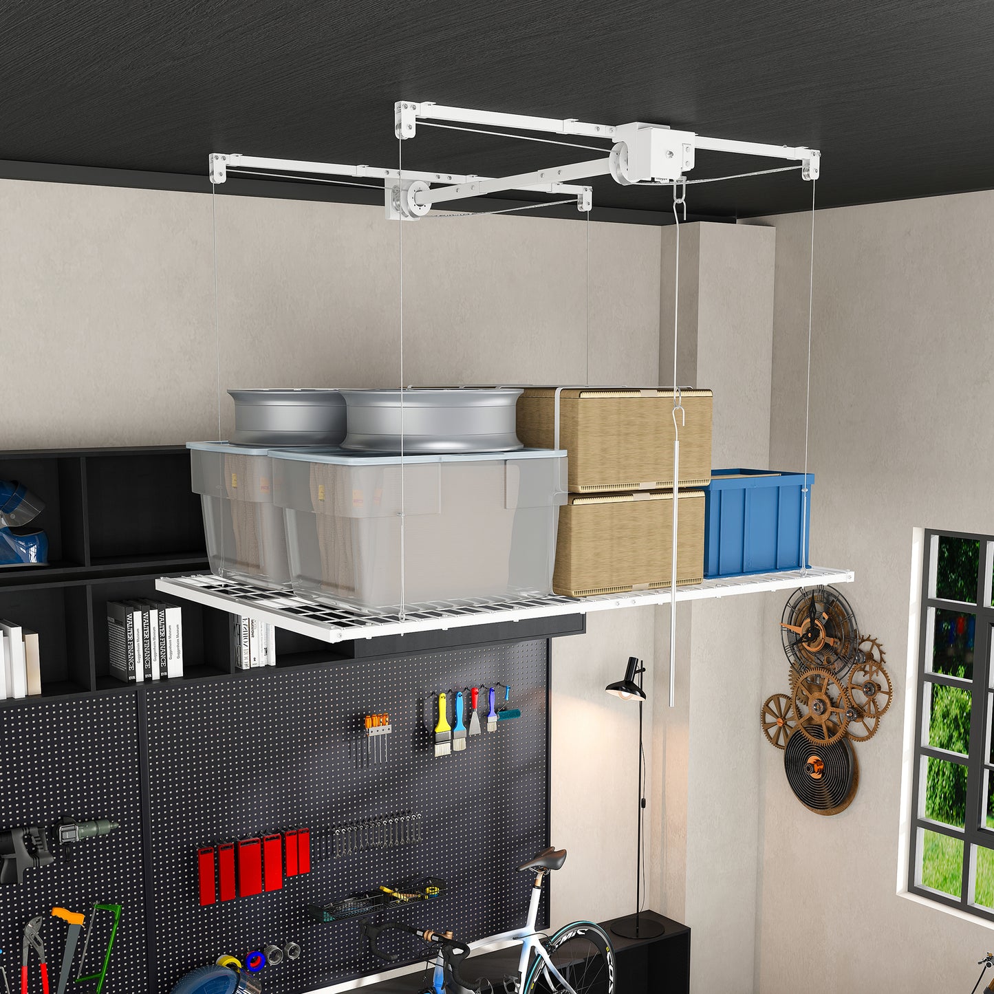 White Overhead Garage Storage Rack 4x8 FT for High Ceilings 10-12 FT, 350LBS Capacity All-Steel Construction with Safety Lock (Installation Required, Heavy-Duty Garage Organizer) image 1