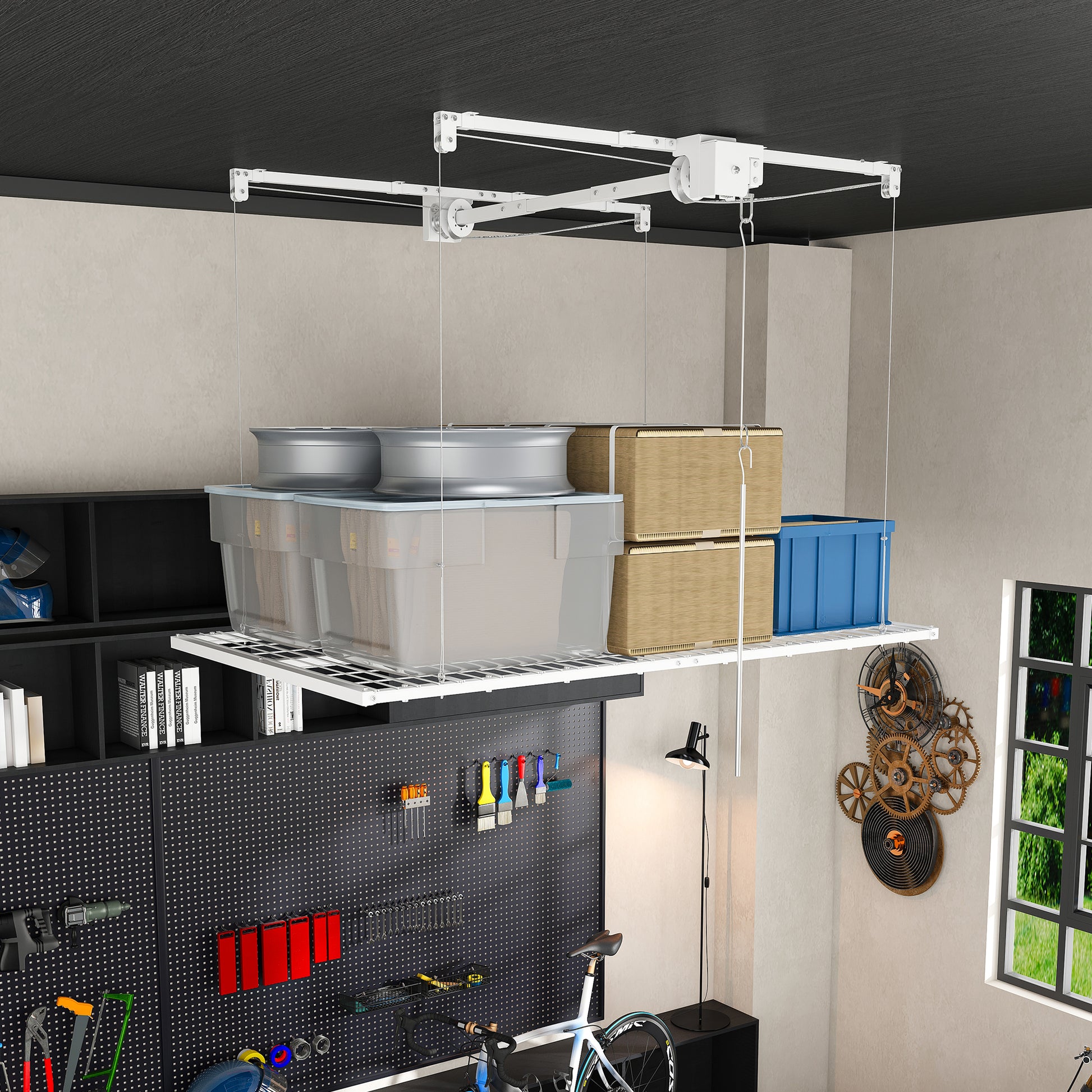 White Overhead Garage Storage Rack 4x8 FT for High Ceilings 10-12 FT, 350LBS Capacity All-Steel Construction with Safety Lock (Installation Required, Heavy-Duty Garage Organizer) image 1