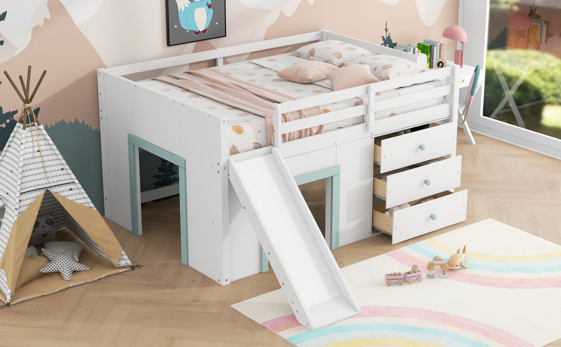 Full Size Low Loft Bed with Slide,Three Storage Drawers and Two Doors,White image 5
