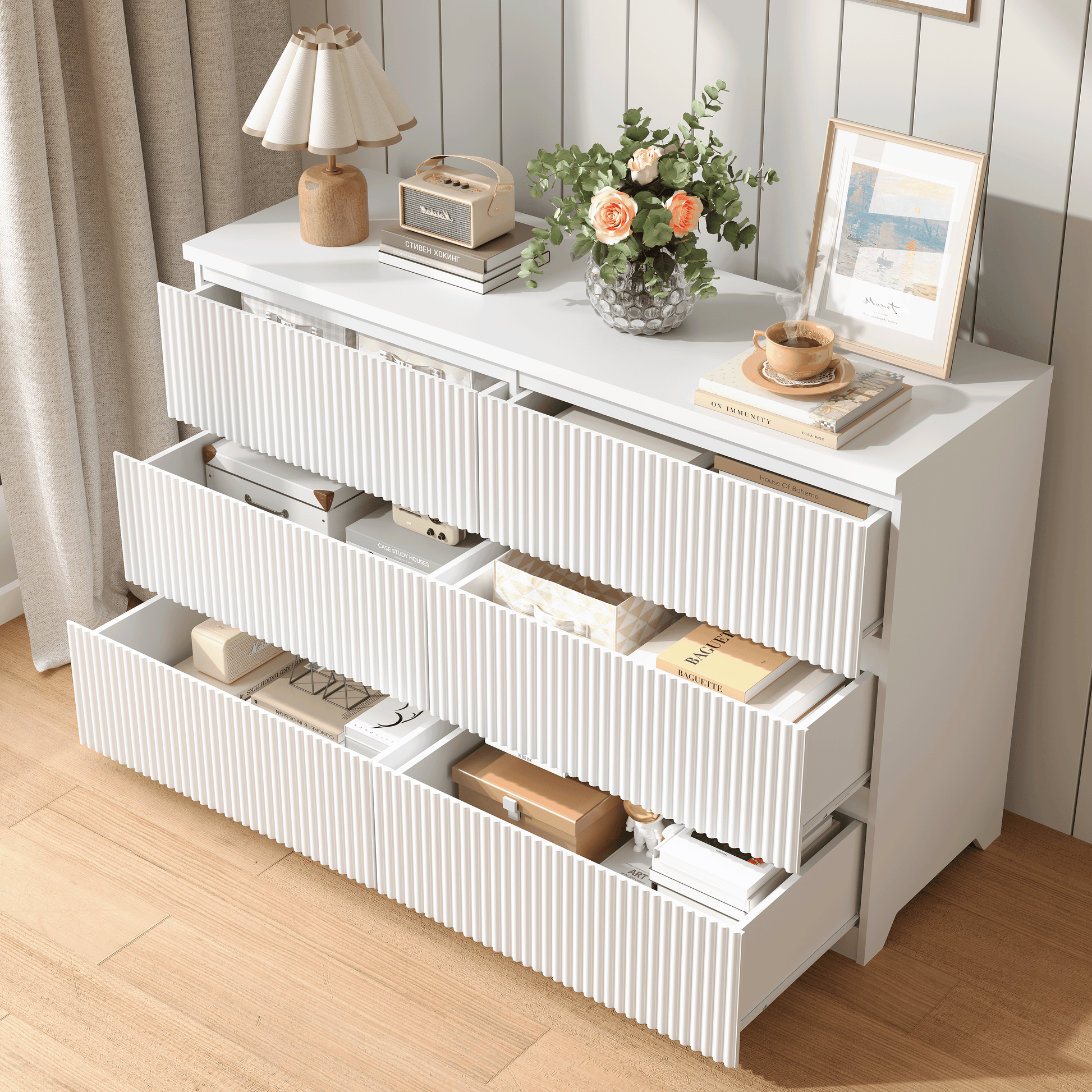Modern White 6 Drawer Dresser, Wave Panel Drawer Fronts, Storage Cabinet, Versatile Chest of Drawers for Bedroom, Living Room - Sleek & Spacious Home Storage Solution image 10