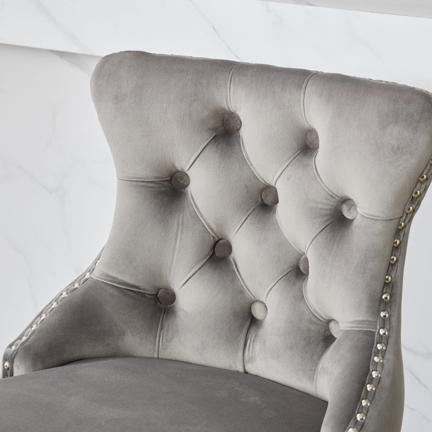 Swivel Velvet Barstools with Button Tufted Decoration and Wooden Legs, and Chrome Nailhead Trim, Leisure Style Bar Chairs,Bar stools, Set of 2 (Gray),SW1860GY image 9