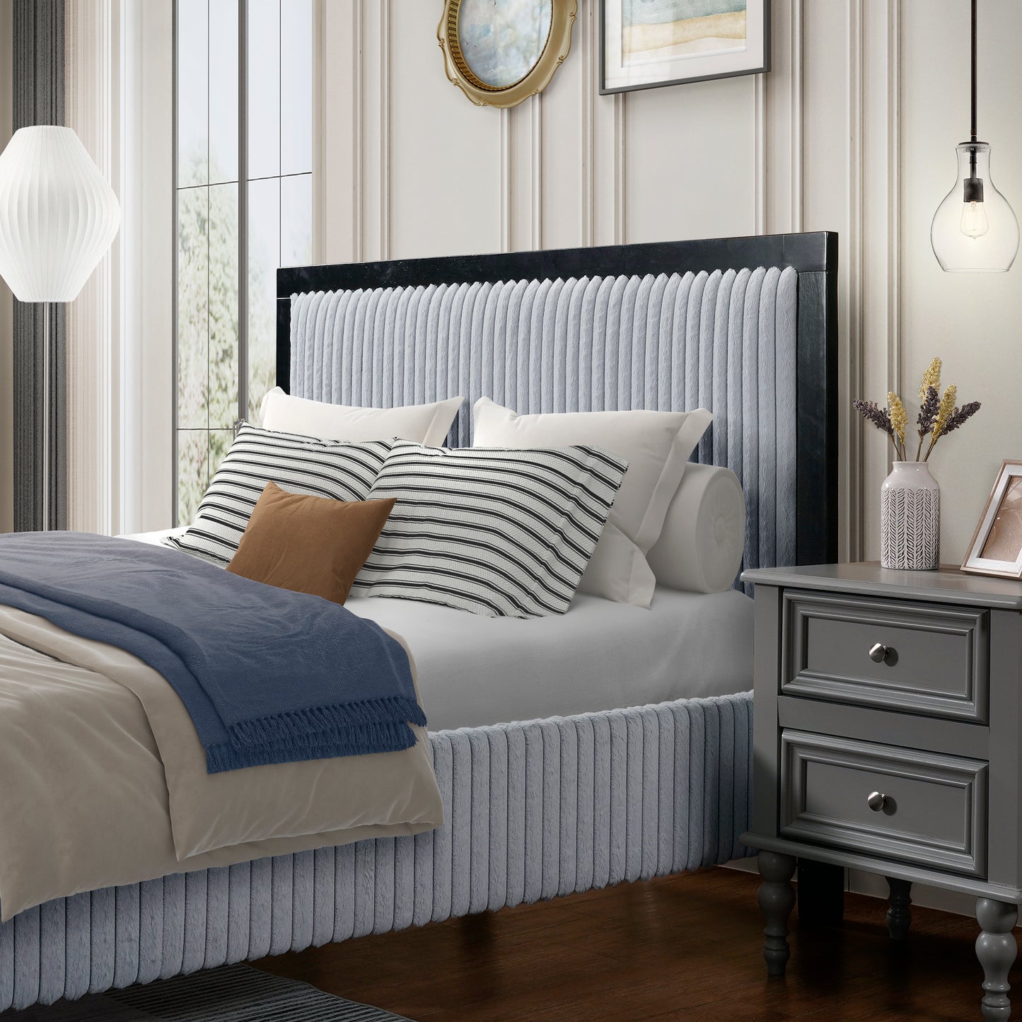 Queen Upholstered Bed with Fluffy Soft Headboard,Grey+Black Frame image 8