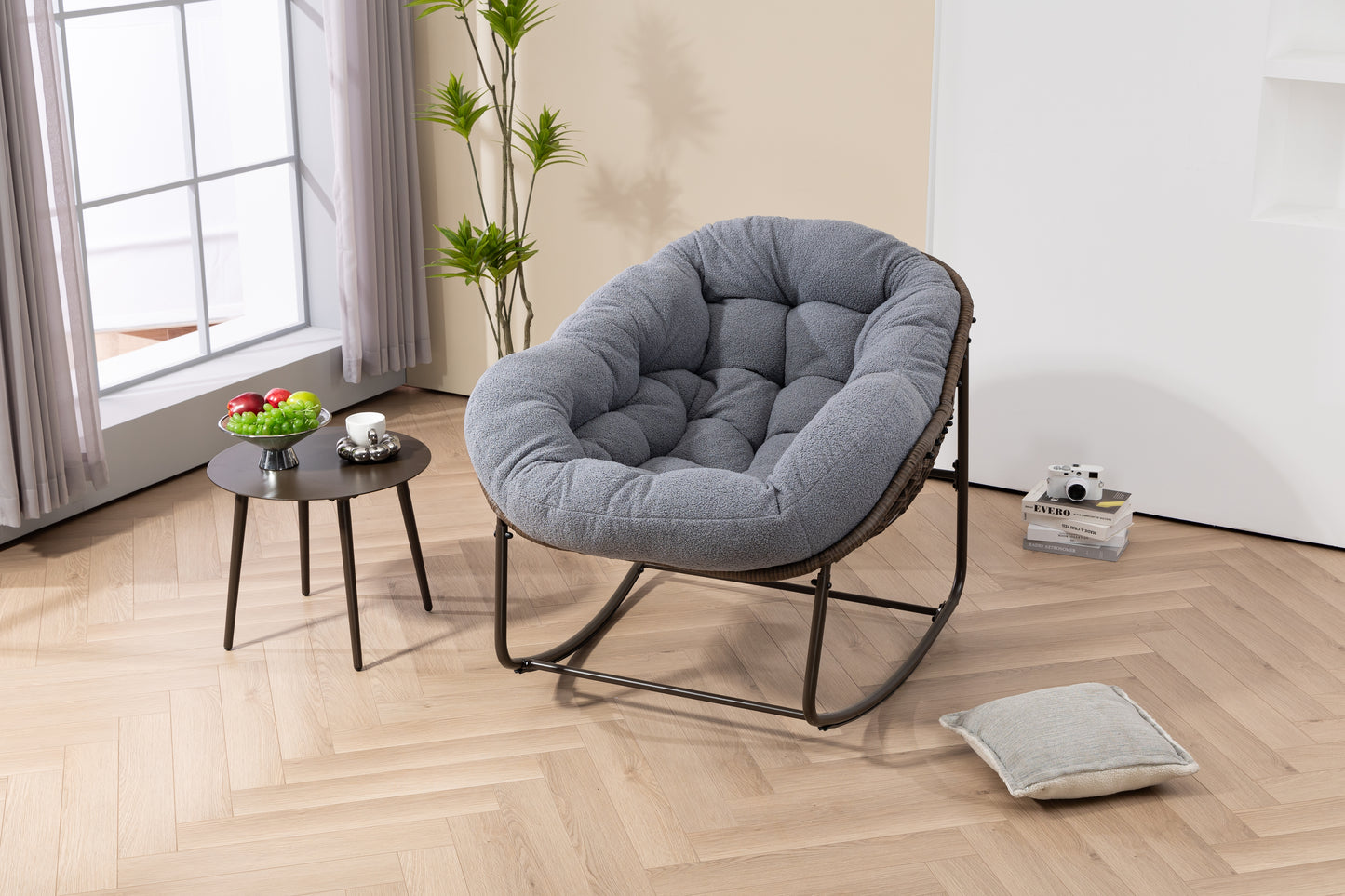 Outdoor Rattan Rocking Chair,Padded Cushion Rocker Recliner Chair Outdoor for Front Porch, Living Room, Patio, Garden, Grey image 4