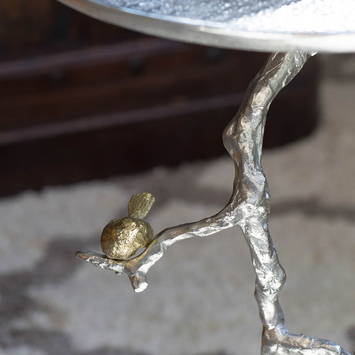 16.9x16.9x28" Round Aluminum Side Table with Silver Branch Design and Gold Bird Accents image 10