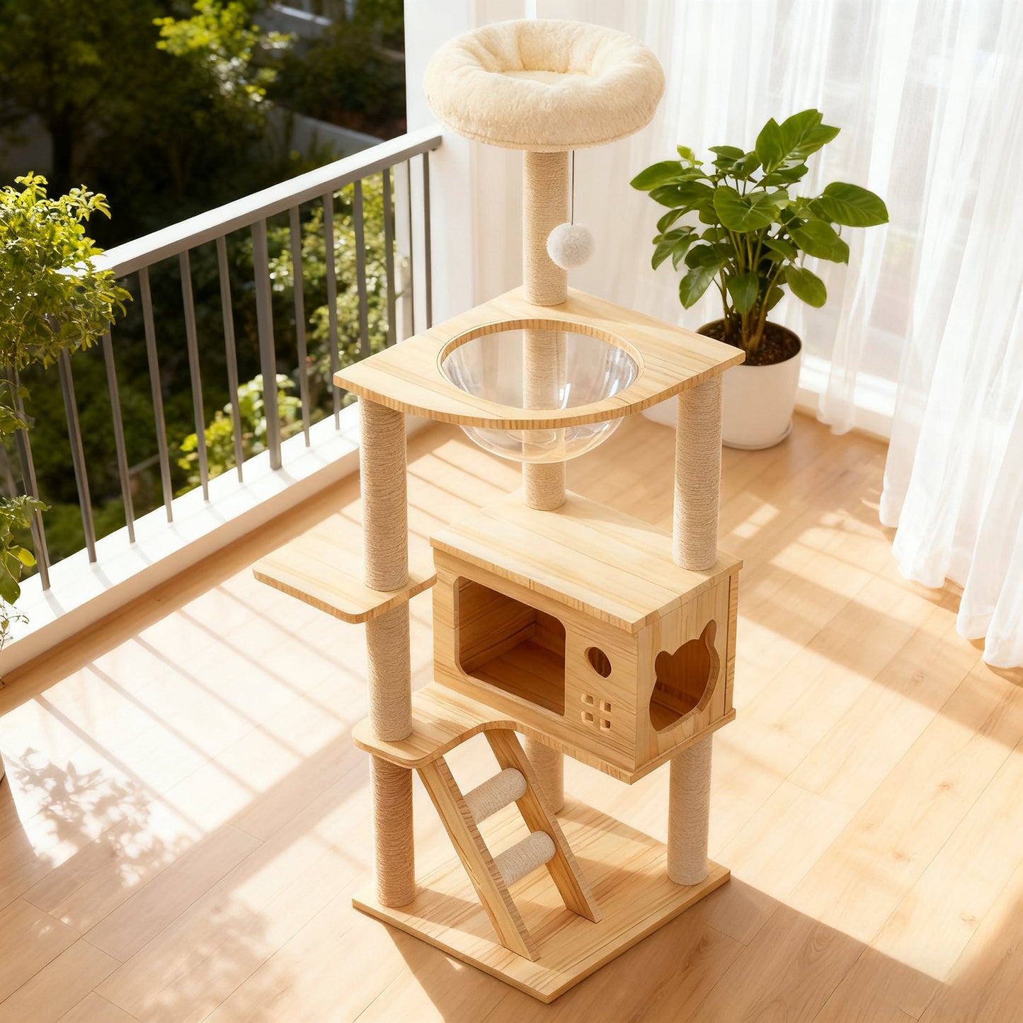 48.8" Modern Cat Tower, Wood Cat Tree Tower for Indoor Cats, Cat Treewith Sisal-Covered Scratching Posts and Top Perch, Cat Condo with Acrylic Hammock for Small Large Cats image 7