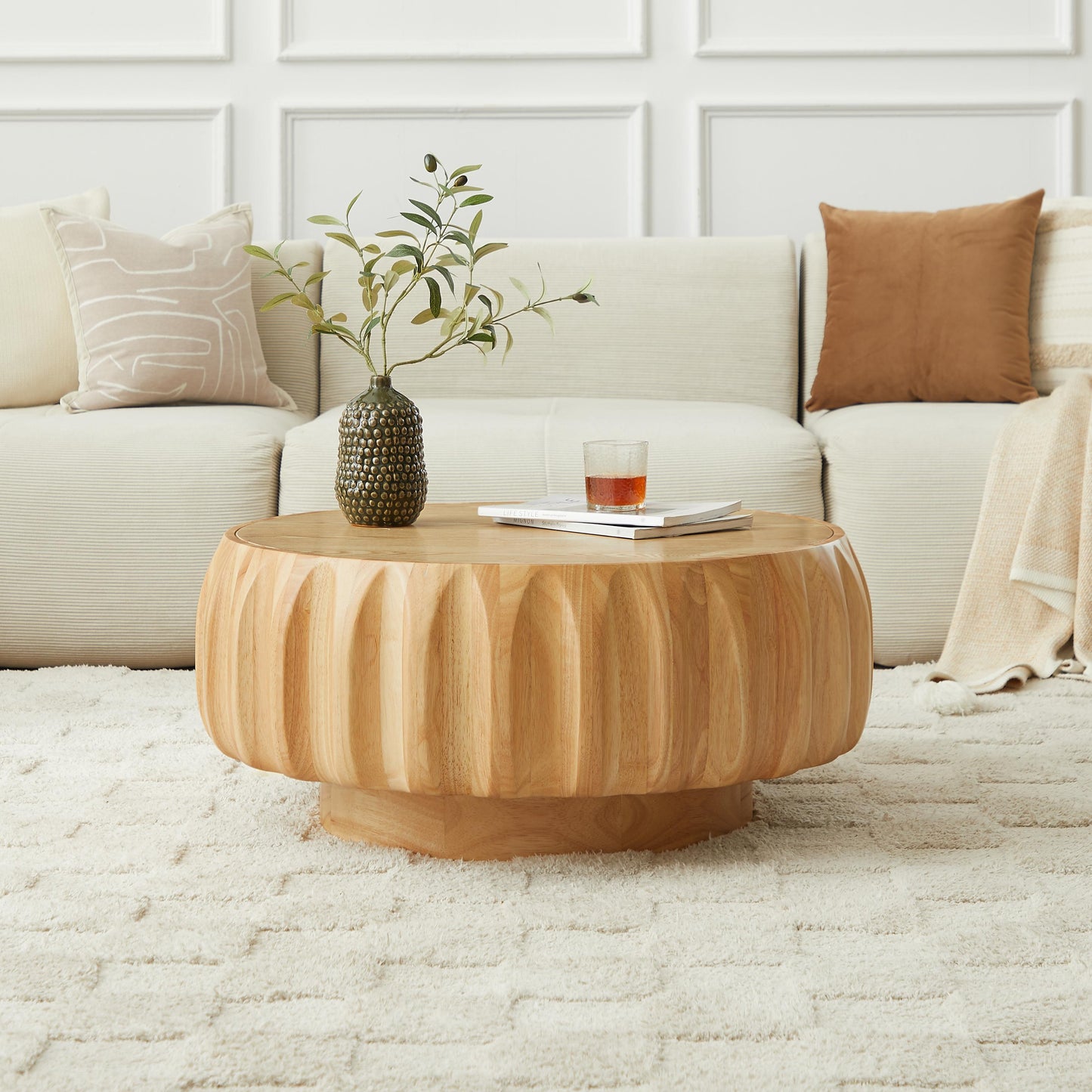 Round Solid Wood Carved Coffee Table with Elegant Sculptural Design image 2