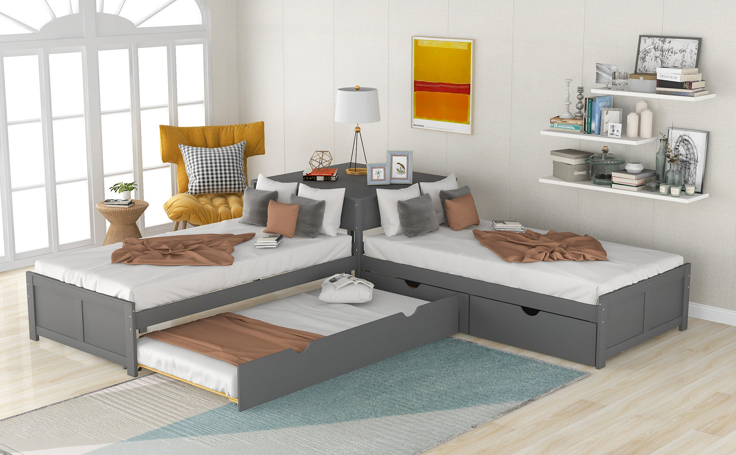 L-shaped Platform Bed with Trundle and Drawers Linked with built-in Desk,Twin,Gray(Old SKU:SM000916AAE-1) image 5