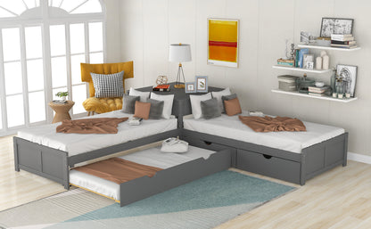 L-shaped Platform Bed with Trundle and Drawers Linked with built-in Desk,Twin,Gray(Old SKU:SM000916AAE-1) image 5