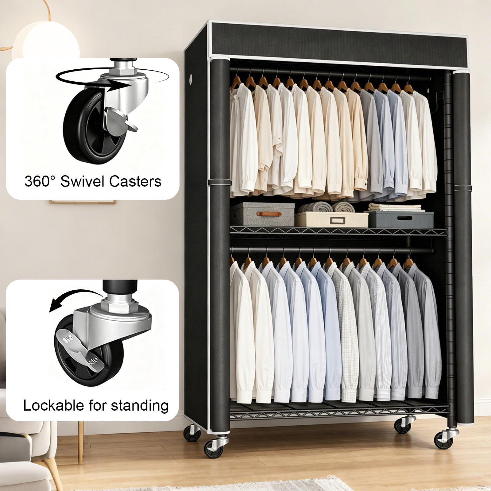 Freestanding Garment Rack with Dust Cover, Single Hanging Rod Metal Clothes Closet with Storage Shelf, Side Hooks & Rolling Wheels, Portable Clothing Wardrobe Organizer for Bedroom Storage image 2