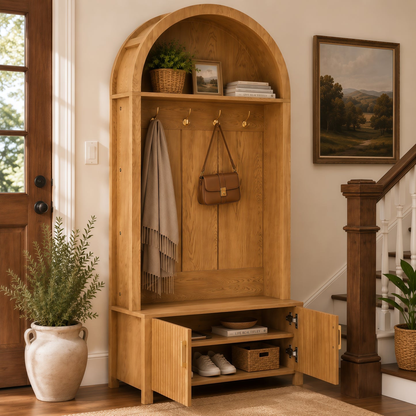 Arched Top Hall Tree with Bench and Shoe Storage,mudroom bench with storage,70.3"Arch Coat Rack with 4 Metal Hooks and 2 Fluted Doors,Farmhouse Style Furniture Organizer for Mudroom, Entryway, Hallway image 3