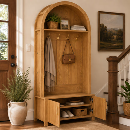 Arched Top Hall Tree with Bench and Shoe Storage,mudroom bench with storage,70.3"Arch Coat Rack with 4 Metal Hooks and 2 Fluted Doors,Farmhouse Style Furniture Organizer for Mudroom, Entryway, Hallway image 3