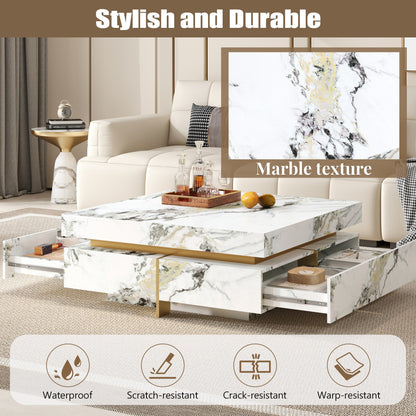 Modern Square Marble Textured Coffee table with 4 Drawers and Suspended Base, White, 43.3" image 6