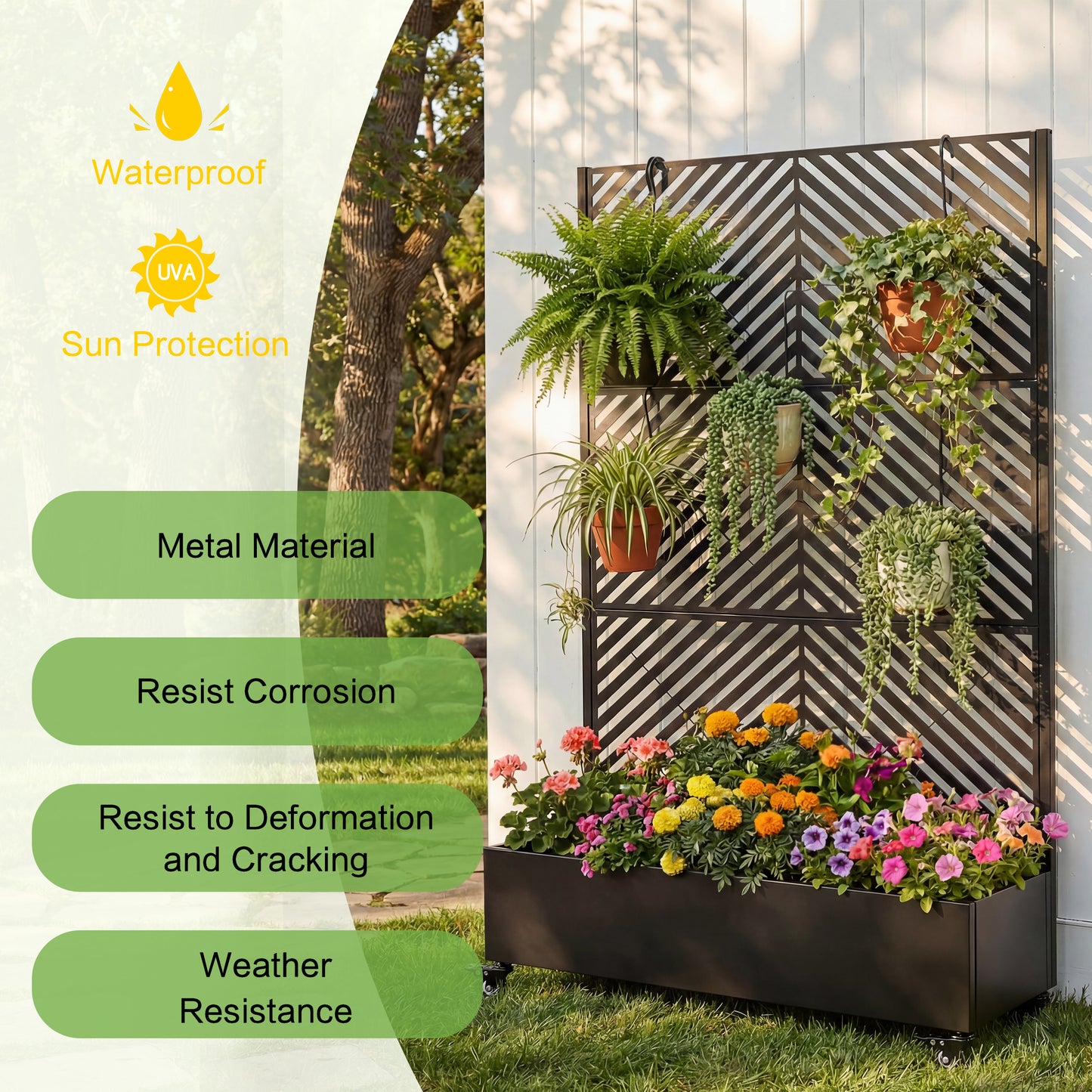 Metal Raised Garden Bed with Wheels and Trellis,73"x47"x16" Planter Box for Climbing Plants, Vegetables & Vines, Features Privacy Screen and Drainage Holes image 3