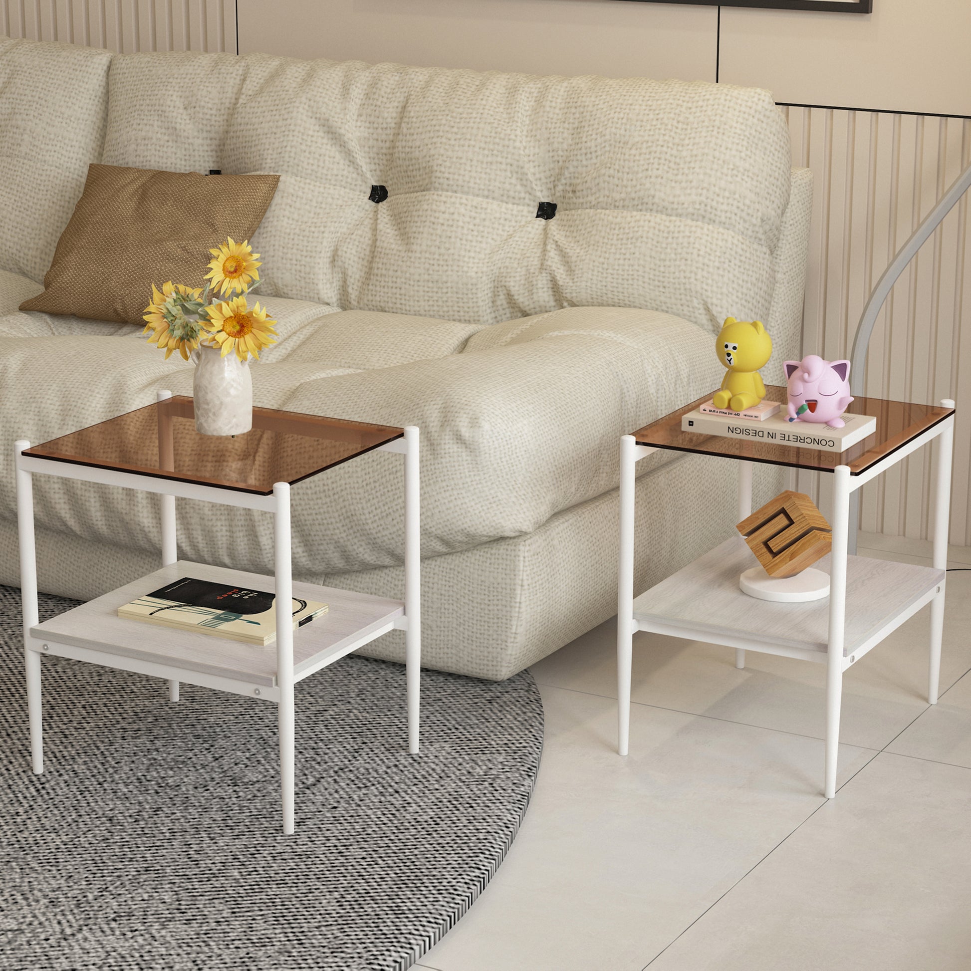 Set of 2 Rectangle End Table, Tempered Glass Tabletop with MDF layer, Modern Table for Living Room, Brown Glass image 1