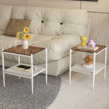 Set of 2 Rectangle End Table, Tempered Glass Tabletop with MDF layer, Modern Table for Living Room, Brown Glass image 1