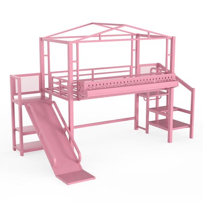 Twin Size Loft Bed with Storage Stairs, Shelves and Built-in Wardrobe, Metal Loft Bed Frame with USB Ports and LED Lights, Noise-reduced Design, Pink image 11