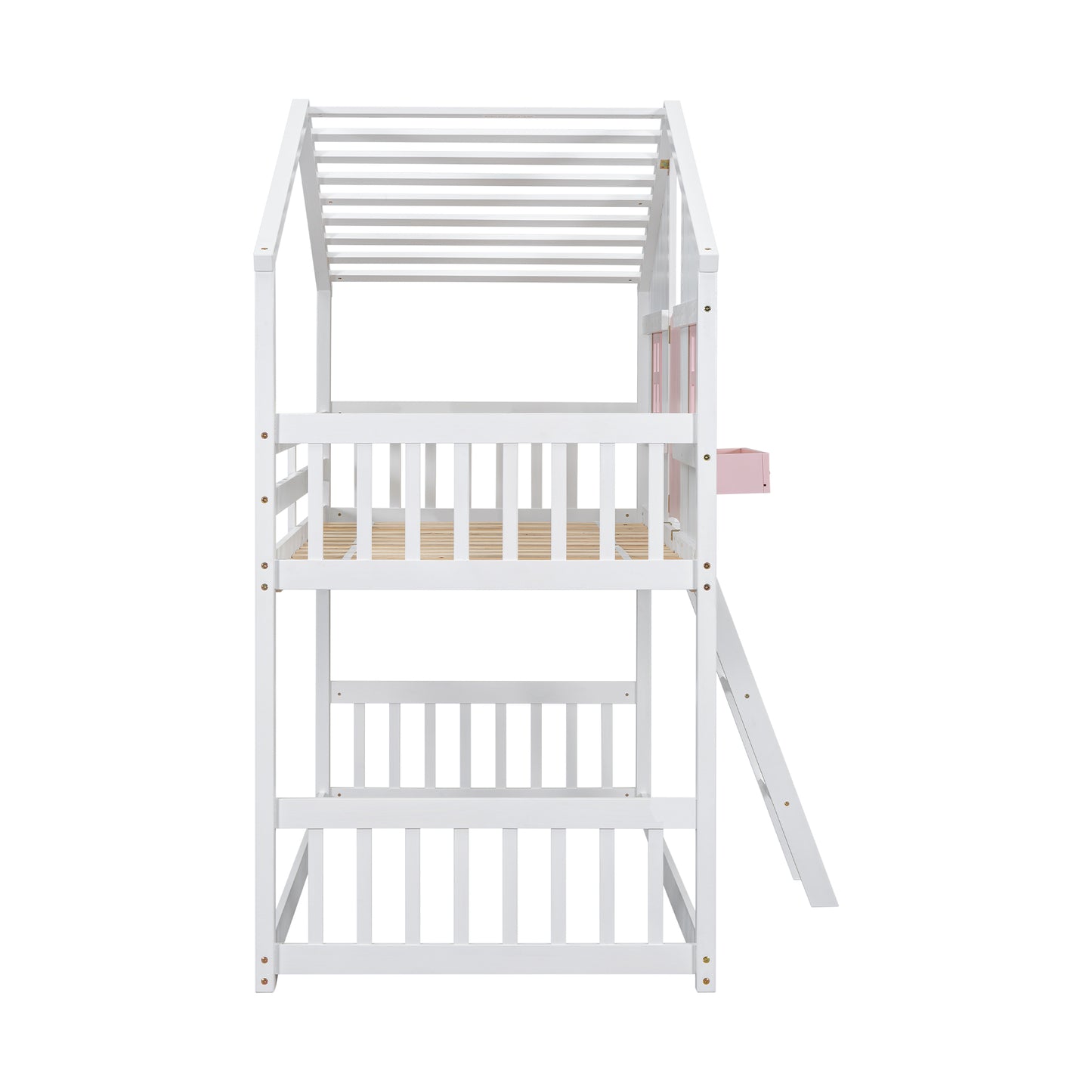 Twin over Twin House Bunk Bed with Roof, Window, Window Box, Door, with Safety Guardrails and Ladder, Pink/White image 4