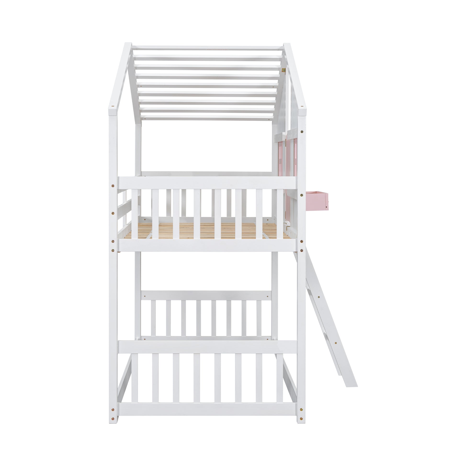Twin over Twin House Bunk Bed with Roof, Window, Window Box, Door, with Safety Guardrails and Ladder, Pink/White image 4