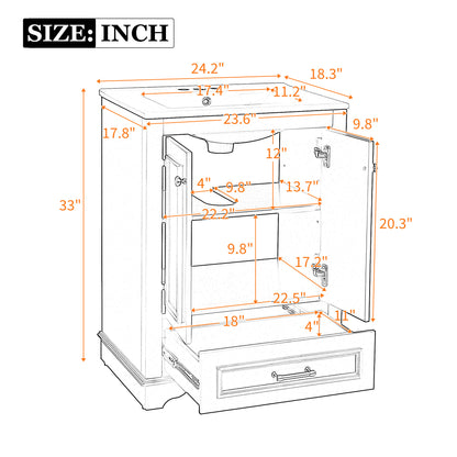 24'' Bathroom Vanity with Ceramic Sink Combo, Modern Freestanding Storage Cabinet with Silver Handles, Soft Closing Doors image 8