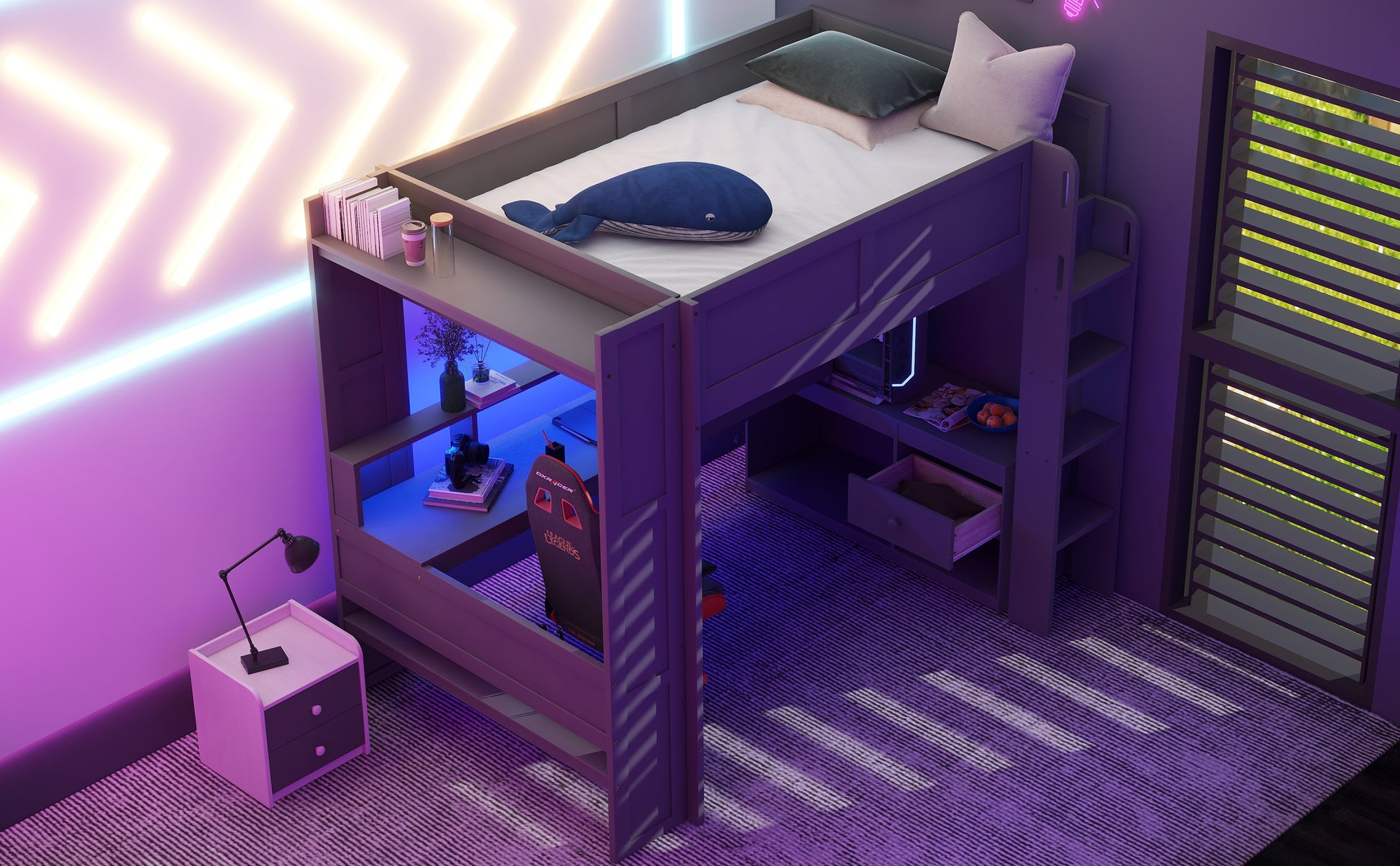 Wood Full Size Gaming Loft Bed with Desk, Multi-storage Shelves, LED and Charging Station, Dark Gray(Old SKU:SM000374AAE) image 5