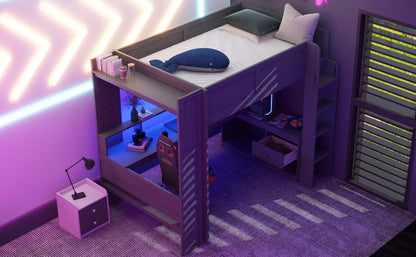 Wood Full Size Gaming Loft Bed with Desk, Multi-storage Shelves, LED and Charging Station, Dark Gray(Old SKU:SM000374AAE) image 5