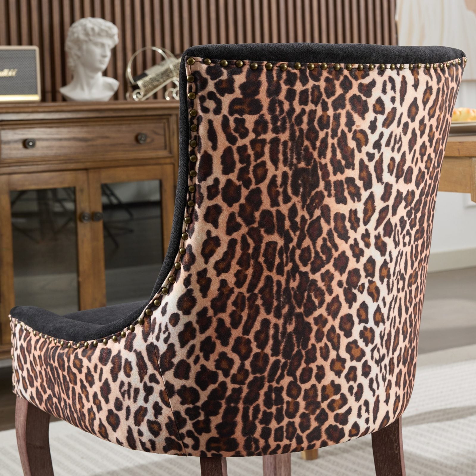 A&A Furniture,Ultra Side Dining Chair, Thickened fabric chairs with neutrally toned solid wood legs, Bronze nail head, Set of 2,Leopard Print image 10