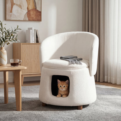 Beige Pet Friendly Chair with Hidden Pet Nook, Convertible Stool, Storage Seat, 220lbs Capacity, Acacia Wood Legs image 1