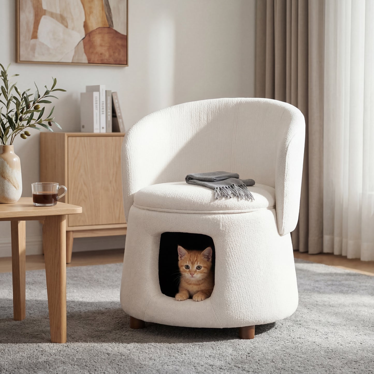 Beige Pet Friendly Chair with Hidden Pet Nook, Convertible Stool, Storage Seat, 220lbs Capacity, Acacia Wood Legs image 1