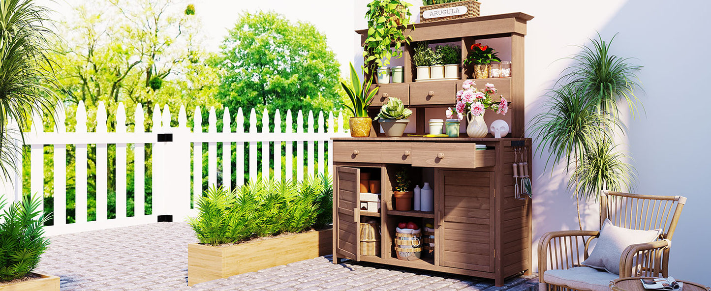[Assembly Video Provided] TOPMAX 65.7'' H Tall Garden Potting Bench Table with Hutch,Patio Storage Workstation with 3 Shelves,6 Drawers,2 Bottom Cabinets&Side Hooks for Mudroom,Doorway, Brown image 3