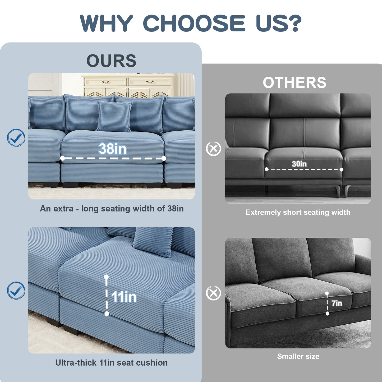 130" Oversized Cloud Modular L-Shape Sectional Couch, Soft Corduroy Fabric,With An Ottoman, Deep Seat Wide Armrest Ergonomic Design 9 Pillows Easy Assembly,For Living Rooms Bedroom,Blue image 6