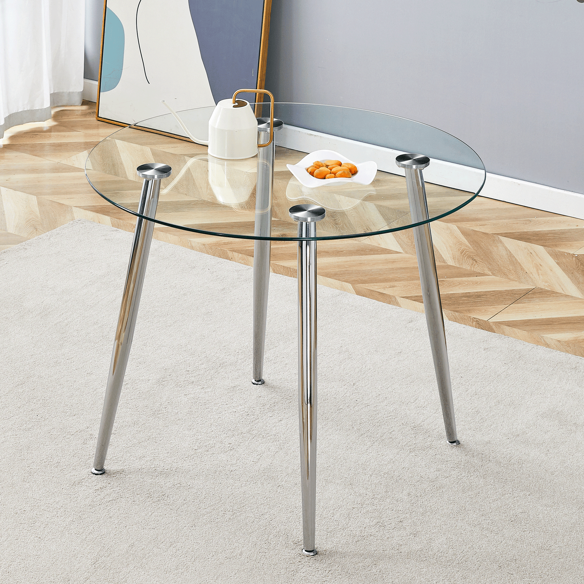 Round dining table with glass top, silver metal legs, exquisite life, starting from the details, the silver legs show an extraordinary texture, which is the finishing touch to your home image 1